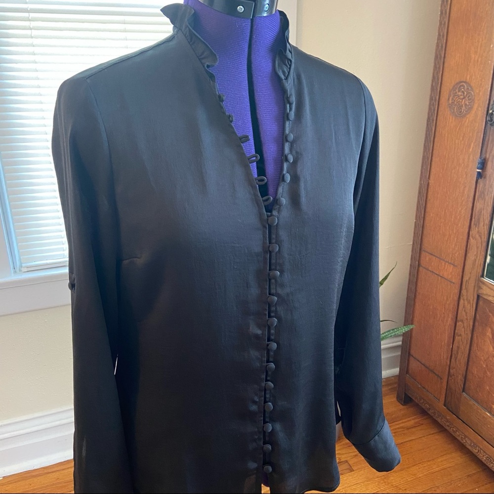 Express Slim Fit Ruffle Neck Portofino Shirt Chiffon Button Sleeve Small Black